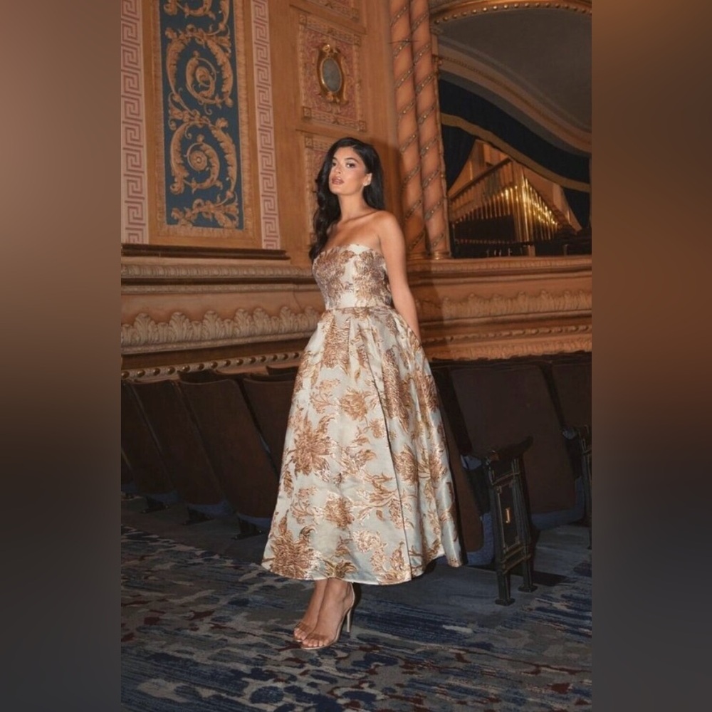 Mac Duggal Strapless Bronze Brocade Midi Dress with Pockets